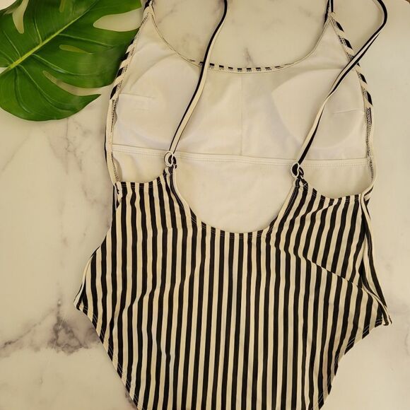 One Piece Swimsuit NOBO large Do Not Disturb black white striped swimming suit - Picture 6 of 7